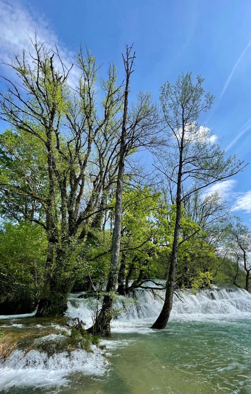 Rijeka Mrežnica i drveće, slapovi i plavo nebo